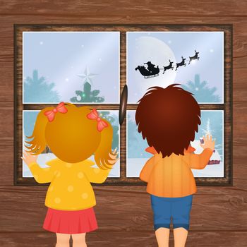 illustration of children looking at the window the sleigh of Santa Claus