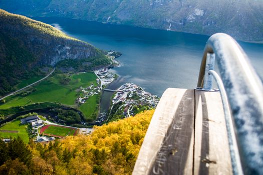 aerial view on Aurlandsvangen the administrative center of the municipality of Aurland in Sogn og Fjordane county, Norway, located on the east side of the Aurlandsfjorden. Travel and Tourism in Norway