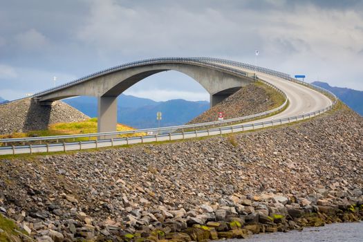 Storseisundet Bridge (Norwegian: Storseisundbrua): Atlantic Highway (Atlanterhavsveien). It connects Romsdal peninsula to the island of Averøya in Møre og Romsdal county.