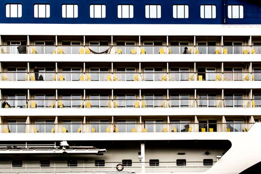 Stavanger, Norway, May 2015: side view of a cruise ship exterior, showing different levels and terraces