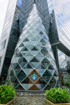 Bangkok , Thailand -  19  August, 2020 : starbucks coffee shop at sathon square building in Bangkok