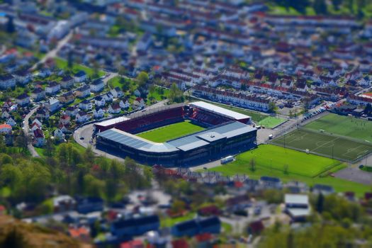 Bergen, Norway, May 2014: high angle view of the Brann Bergen football stadium
