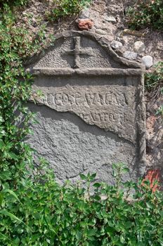 Cemetery. Old grave stone with route inscription. Over time, plants have grown around it.