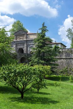 Unusual view of the Sant'agostino Gate from Via Noca - Bergamo (ITALY). May 11, 2018.
