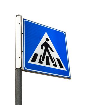 A pedestrian crossing road sign on white background.