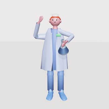 Medical scientist with a medical mask holding a glass test tube with liquid medicine or vaccine for the virus. Illustration in a cute plasticine style, 3D render volumetric view