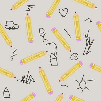 seamless pattern of pencils and doodles. for packaging, prints.