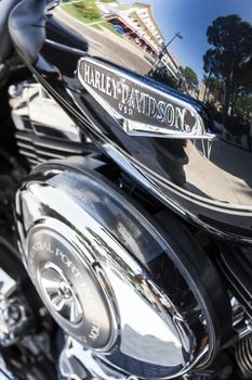 Jesolo (VE), ITALY - July 29, 2017: logo of Harley Davidson motorcycles on a tank. Shallow depth of field.