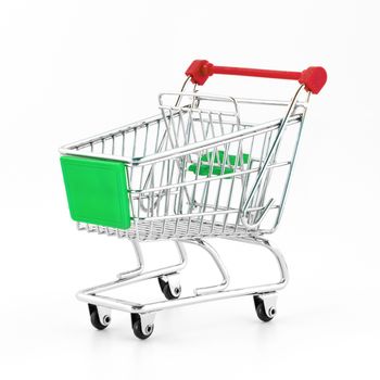 Italian shopping cart isolated on white background. Concept of crisis, purchasing power, taxes, economic difficulties.