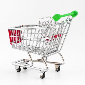 Italian shopping cart isolated on white background. Concept of crisis, purchasing power, taxes, economic difficulties.