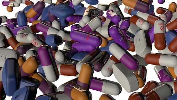 Colorful capsule pills (3d rendered) with transparent gel body and shining looks over a white background.