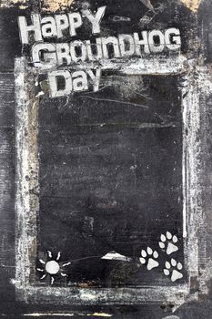 Groundhog Day blackboard in grunge style, scratched and ruined. Dirty artistic design element, box, frame for text. Doodle frame.