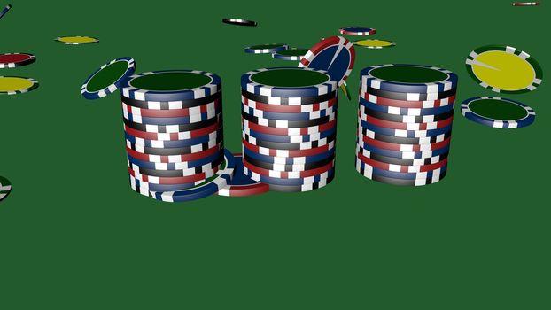 Set of poker chips of different colors and composition isolated on green background.