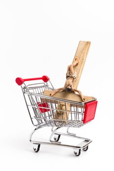 Crucifix in shopping cart. Conceptual representation of commodification of religion, loss of faith, blasphemy.