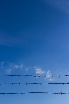 Barbed wire fence against blue sky and cloud