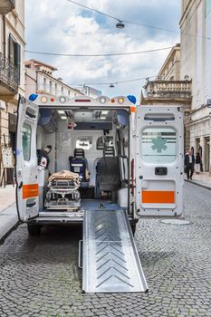 Verona, ITALY - May 25, 2017: ambulance and equipment views from inside.