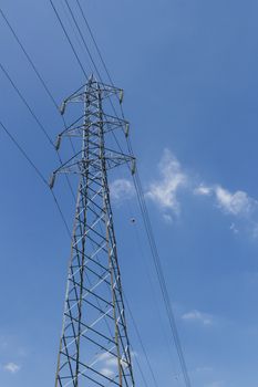 Pylon with blue sky and clouds in the background.