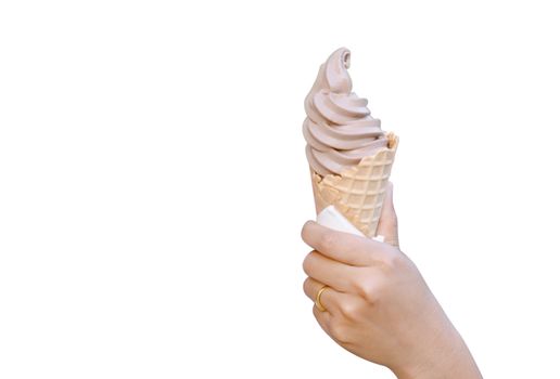 Close up hand holding chocolate ice cream isolated on white background
