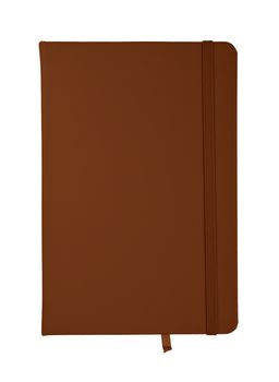 Closed dark brown faux leather cover notebook isolated on white background, flat lay, directly above