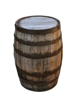 Close up one old vintage oak wood wine barrel or aged weathered whiskey cask isolated on white background, high angle view