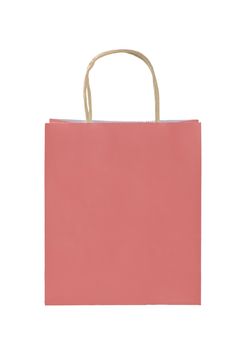 Close up one natural pink paper shopping or gift bag isolated on white, low angle front view