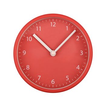 Close up red wall clock face dial with Arabic numerals, hour and minute hands isolated on white background