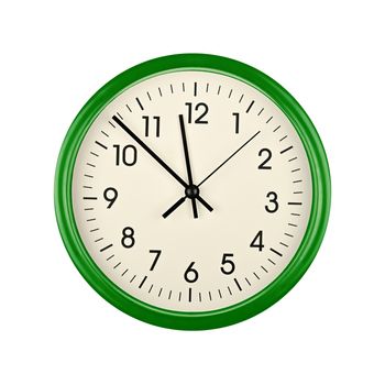 Close up green wall clock face dial with Arabic numerals, hour, minute and second hands isolated on white background