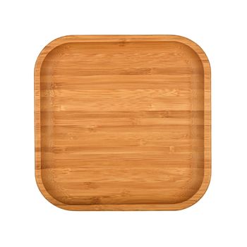 Close up one empty brown bamboo wooden plate or food tray isolated on white background, elevated top view, directly above