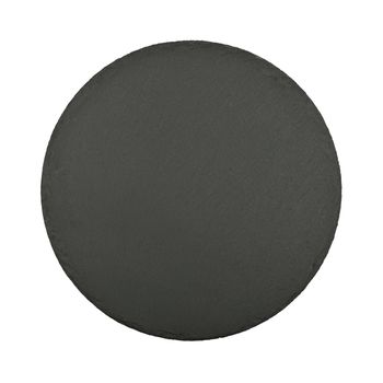 Close up one round shape big black slate stone cutting board isolated on white background, elevated top view, directly above