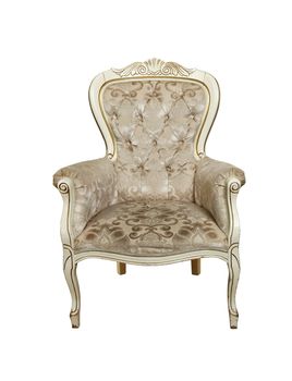 Beige tufted retro Chesterfield style armchair isolated over white background, low angle, front view