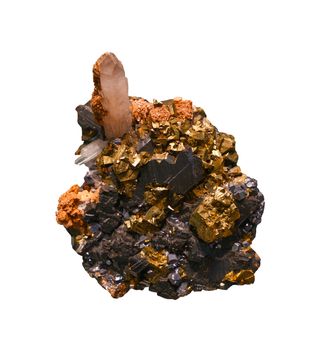 Close up auriferous rock, gold ore with crystals, isolated on white background
