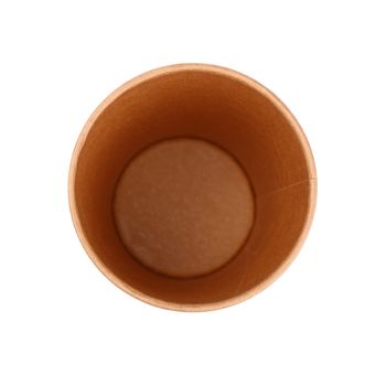 Close up one big empty brown paper coffee to go cup isolated on white background, elevated top view, directly above