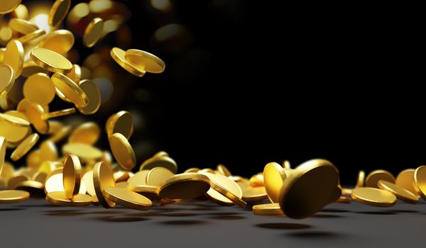 Gold coins falling on black background 3D render