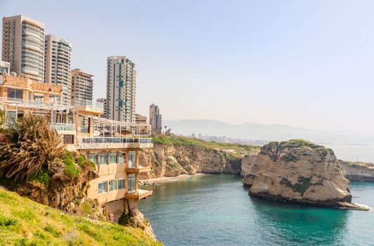Raouche or pigeons rocks panorama with sea and ciry center in the background, Beirut, Lebanon