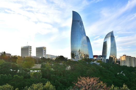 View of Baku from the road near the bouleward on the Caspian Sea in Azerbaijan.