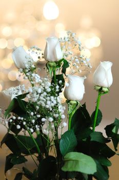 A bouquet of white roses on the background of soft focus and bokeh