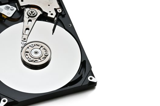 Internal parts of a hard disk on an isolated white background.