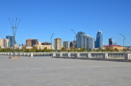 Views on parts of the city and architecture from the shores of the Caspian Sea in Baku.Azerbaijan