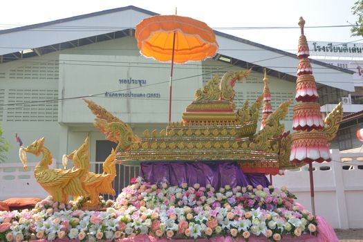 Samut Prakan,Thailand-APRIL 13,2017: Songkran Festival in the Thai-Mon style, featuring a magnificent parade, and see a procession of swan and centipede flags.

