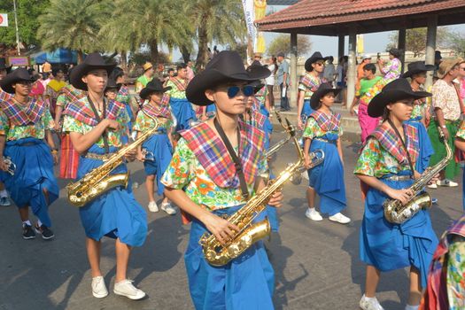 Samut Prakan,Thailand-APRIL 13,2017: Songkran Festival in the Thai-Mon style, featuring a magnificent parade, and see a procession of swan and centipede flags.