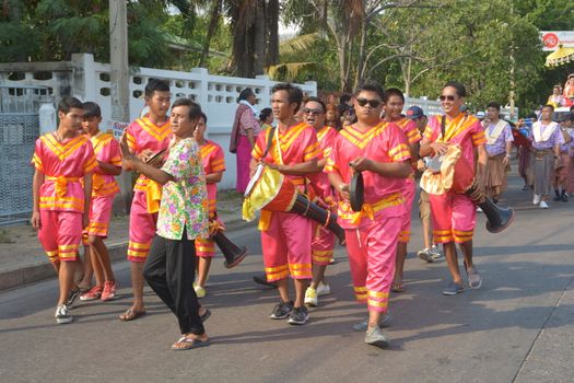 Samut Prakan,Thailand-APRIL 13,2017: Songkran Festival in the Thai-Mon style, featuring a magnificent parade, and see a procession of swan and centipede flags.