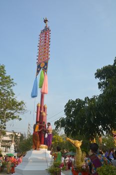 Samut Prakan,Thailand-APRIL 13,2017: Songkran Festival in the Thai-Mon style, featuring a magnificent parade, and see a procession of swan and centipede flags.