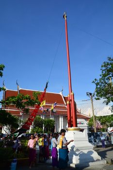 Samut Prakan,Thailand-APRIL 13,2017: Songkran Festival in the Thai-Mon style, featuring a magnificent parade, and see a procession of swan and centipede flags.