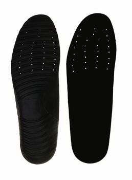 Black insoles for shoes on white background.