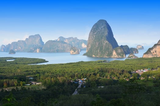 Toh Li viewpoint, Phang nga ,Thailand. Located on Tha tian district ,Phang nga province in south of Thailand. 180 degree panorama view of Toh Li viewpoint we can see Ban Hin Lom ,the way out to Phang nga bay.