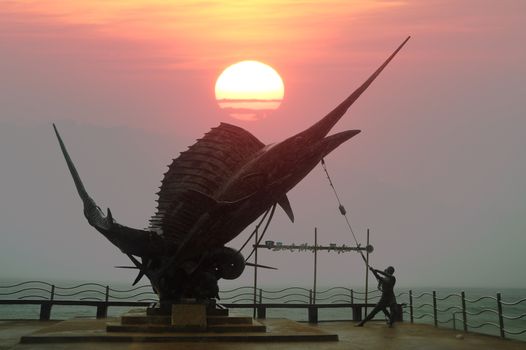 KRABI, THAILAND - JUNE 17 2018 : Statue of Marlin Fish landmarks at Ao Nang Beach, Krabi Province, Thailand