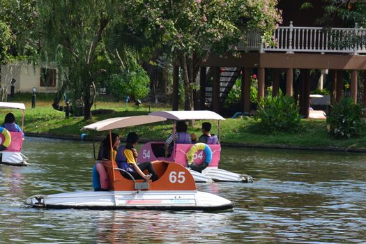 BANGKOK, THAILAND - AUGUST 10, 2018: Spinning Pedal Boats At Dusit Zoo Lake