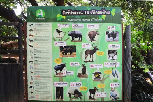 BANGKOK, THAILAND - AUGUST 10, 2018: bulletin board  of 15 Wildlife Reserve Animal of Thailand at dusit zoo