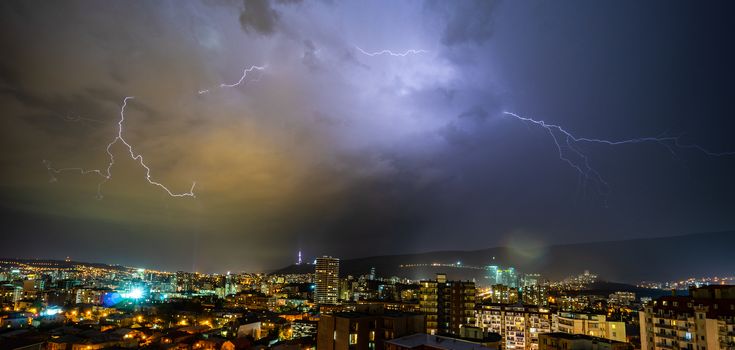 Summer storm with lightning in the night over Tbilisi's downtown, Georgia