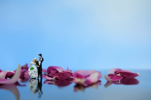 Miniature photography outdoor marriage wedding concept, bride and groom walking on red rose flower pile